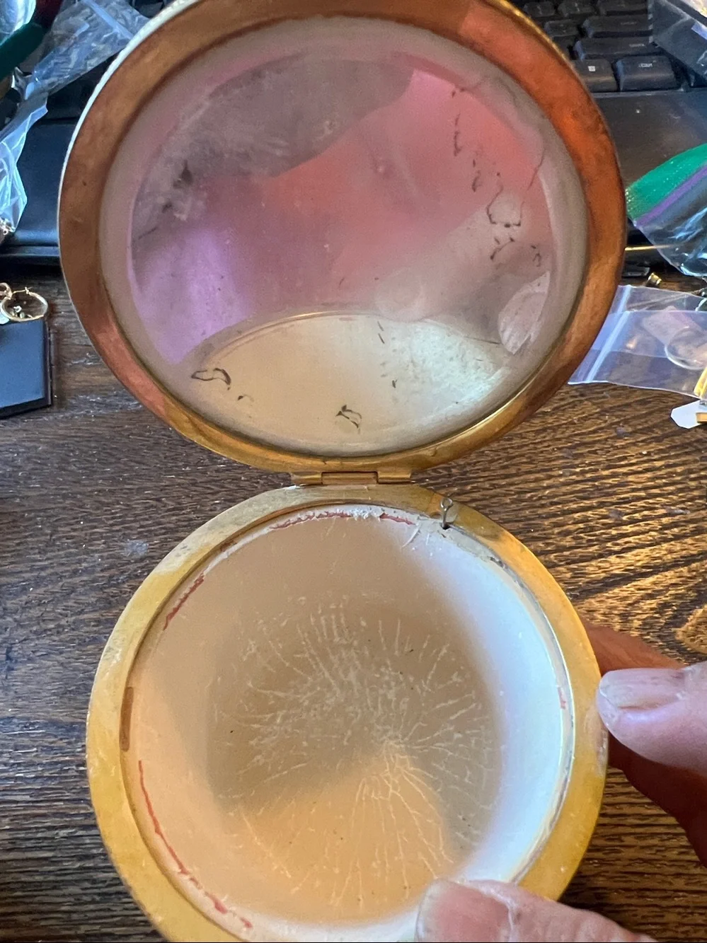 Antique French footed Round Gilt Powder Box Mirror music box guilloché enamel
